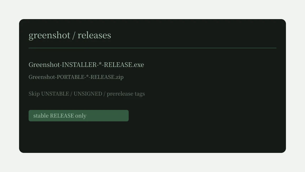 Framed releases panel naming Greenshot-INSTALLER RELEASE.exe and skipping UNSTABLE builds.